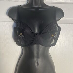 Adore Me Alyshia‎ Unlined Demi Bra Women 40DD Black Embroidered Cat Sheer Mesh